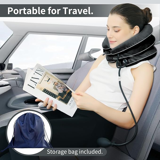 Cervical Neck Traction Device for Neck Pain Relief - Inflatable Neck Stretcher Collar for Decompression - Best Home Use Neck Brace Pump (Black Plush)