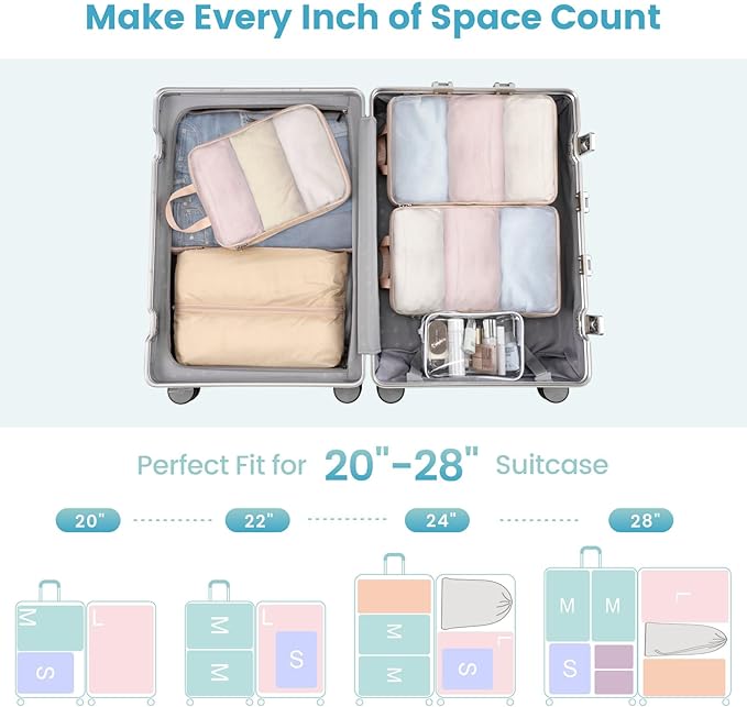 Cambond Mesh Compression Packing Cubes - 6 Piece Expandable See Through Packing Cubes for travel with Shoe and Makeup Bag, Travel Cubes for Packing Organizers Travel Accessories for Suitcases, Khaki