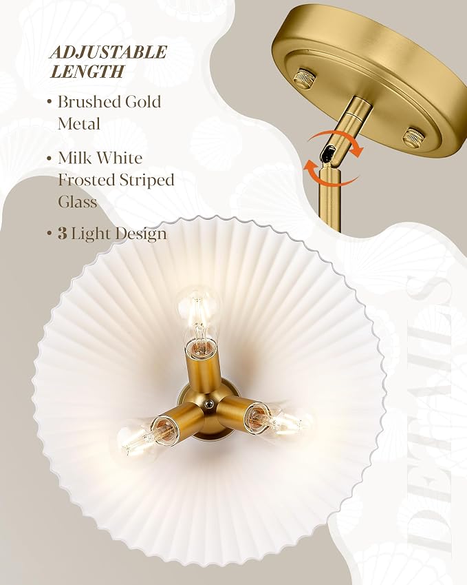 HWH 16-Inch Large Island Lighting, Frosted Striped Glass, 5HZG98MIL-M BG | 3 Light, Max 60W Each, ETL Listed, Sloped Ceiling Compatible, Adjustable Hanging Height, For Dinning Room Schoolhouse