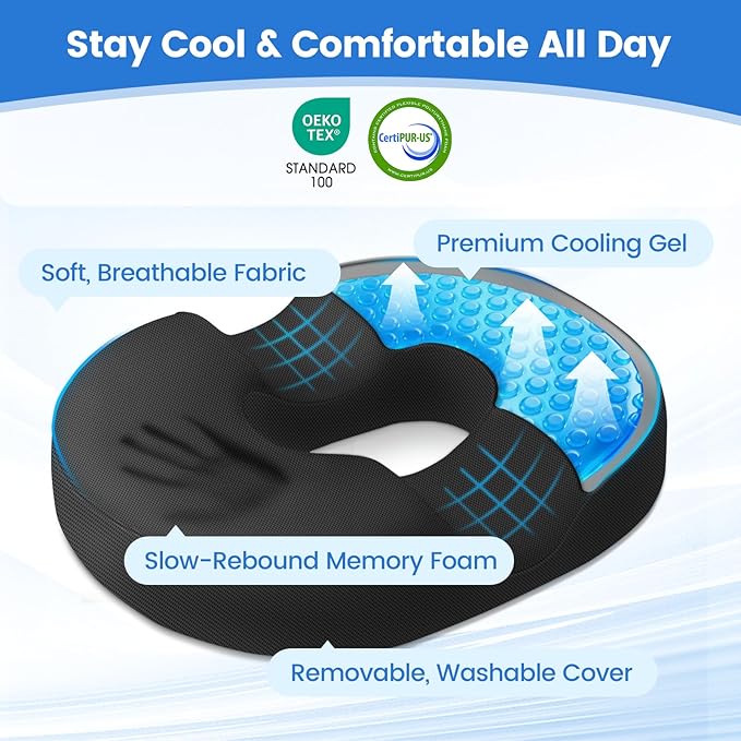 Donut Pillow for Tailbone Pain, Hemorrhoids - Cooling Gel Memory Foam Chair Seat Cushion for Office, Home & Wheelchair, Ergonomic Chair Pad for Pregnancy, Sciatica, Coccyx (XL, Black)