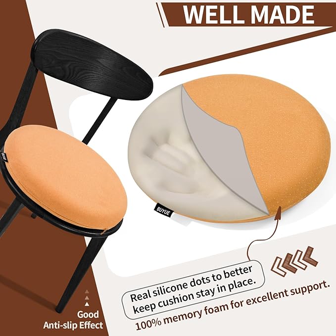 BUYUE Memory Foam Seat Cushion, Dia 16.5" Soft Velvet Round Stool Cushion Anti-Slip Chair Pads, L, Orange