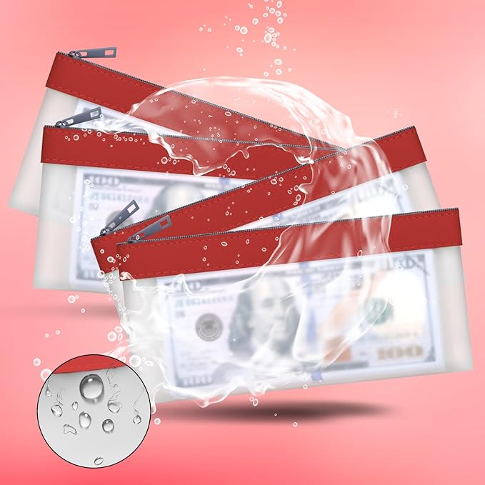 4 Pieces Money Bags With Zipper, Cash Envelopes, 7.6 x 3.7 Inch Money Pouch, Clear Bank Deposit Bag, Coin Bag for Collectors, Multi-Purpose Check Wallet (Red)