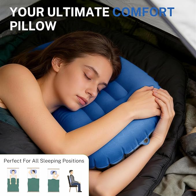 Camping Pillow-Compressible, Ultralight Inflatable,Compact, Comfortable, Ergonomic Inflating Pillows for Neck & Lumbar Support While Camp, Hiking(Navy Blue,with Anti Slip Straps)
