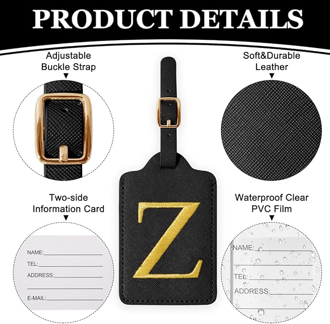 Personalized Initial Luggage Tags for Suitcases,Leather Letter Cute Luggage Tags with Privacy Name Card,Embroidered Monogrammed Travel Bag Backpack Tag Gifts for Women Kids Girls Teens(Black-Z)
