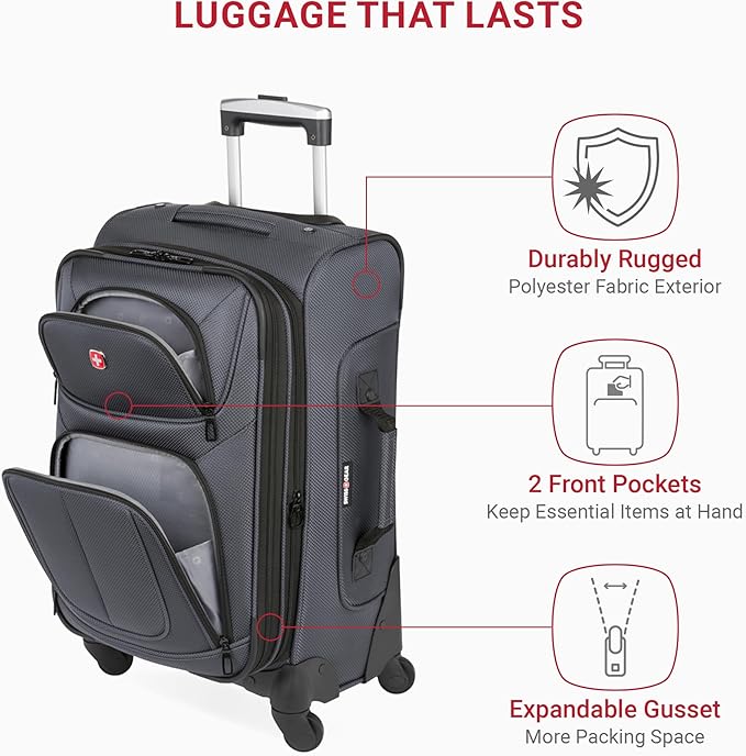 SWISSGEAR Sion Softside Expandable Spinner Luggage Durable Lightweight Travel Suitcase, Dark Grey, Carry-On 21-Inch