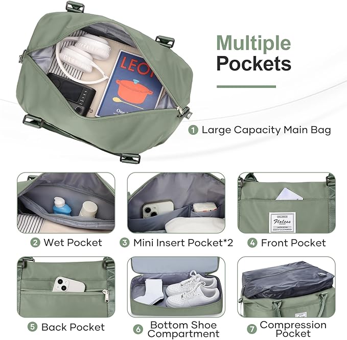 Overnight Weekender Bags for Women,Vacuum Travel Duffel Bag with Air Pump, Personal Item Travel Bag with Shoes Compartment & Compression Pocket,Olive Green