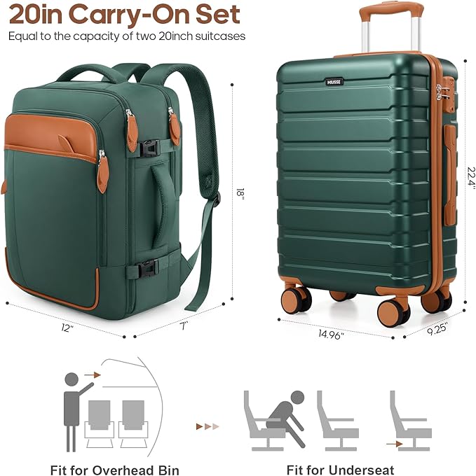 Luggage Sets 3 Piece, 20 Inch Hardshell Carry On Luggage 22x14x9 Airline Approved, Suitcase with TSA Locks & YKK Zippers, Carry On Suitcase with Wheels for Men & Women Travel