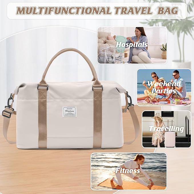 BJLFS Sports Duffel Bags for Women Beige Weekender Travel Totes Bag for Airplane, Cute Sports Gym Dance Overnight Luggage Bag with Wet Pocket, Carry On Hospital Bag for Labor and Delivery
