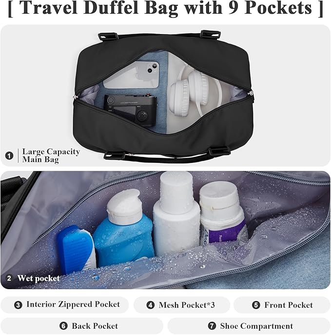 Travel Duffel Bag with Shoes Compartment, Carry on Overnight Weekender Bags for Women, For Spirit Airlines 18x14x8 Personal Item Bag