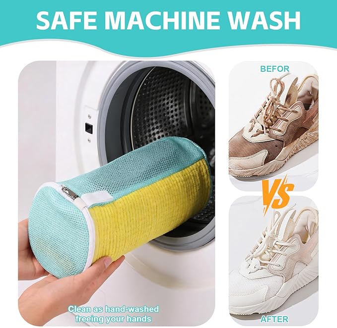 Shoe Washing Machine Bag Reusable Sneaker Washing Bag with Built-in Fluffy Brushes for 360° All-Around Cleaning. Laundry Shoe Bag is Designed for Washer and Dryer （Yellow 4pcs Pro）