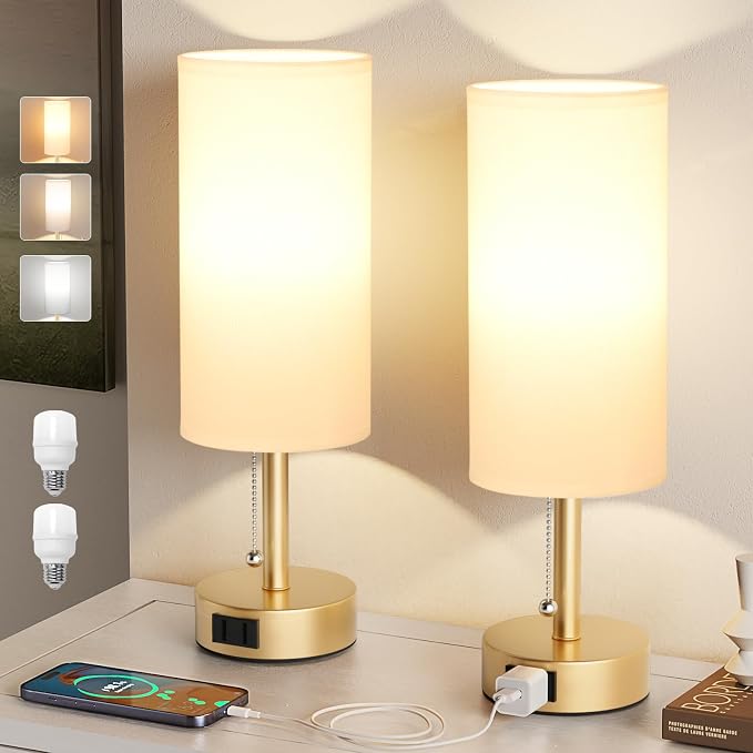 Gold Bedside Table Lamps Set of 2 - Bedroom Lamp for Desk, AC Outlet | 3CCT(3000K/4000K/5000K), LED Bulbs Included, White Fabric Lampshade, 14in Small Lamp for Nightstand, Guest Room, Living Room