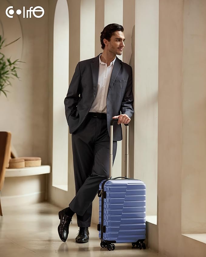 Coolife Carry On Luggage Airline Approved with Spinner Wheels, Hard Shell Suitcase TSA Lock Lightweight Travel Luggage 20-inch,Blue