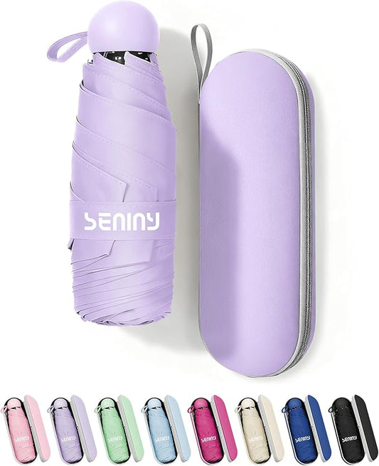 Seniny Mini Portable Travel Umbrella with Case - Compact Umbrellas for Rain & Sun UV Protection for Backpack Pocket, Lightweight Folding Small Umbrella, Tiny Purse Size UV Blocker for Kids Women Girls