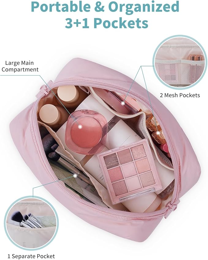 Narwey Puffer Travel Makeup Bag for Women Girl, Quilted Puffy Cosmetic Bag Make Up Bag Organizer, Cute Travel Toiletry Bag for Toiletries (Pink)