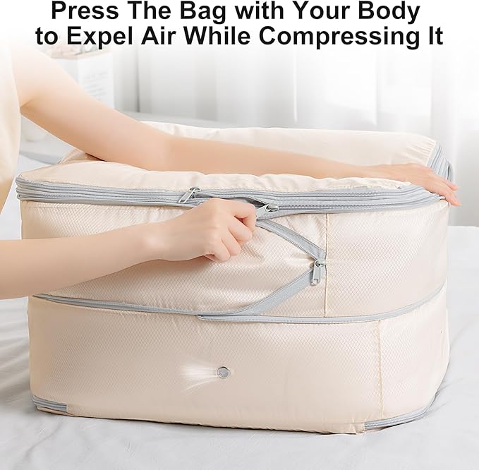 Comforter Storage Bag - Extra Large Capacity Blanket Storage Bags 4-Layer Ultra Space Saving Self Compression Organizer, Washable Compression Bags for Storage Comforter Blanket, 1-Pack, Beige