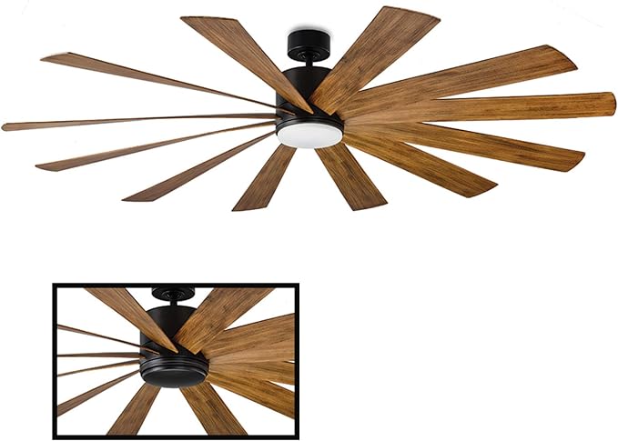 Windflower Smart Indoor and Outdoor 12-Blade Ceiling Fan 80in Matte Black Distressed Koa with 2700K LED Light Kit and Wall Control Works with Alexa, and iOS or Android App