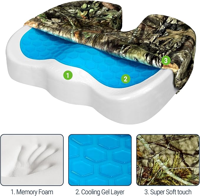 Season Guard Tailbone Pain Relief Office Chair Seat Cushion, Memory Foam Gel Seat Cushion for Sciatica Pain Relief with Washable Cover, Butt Cushion for Long Sitting, Velvet, Mossy Oak