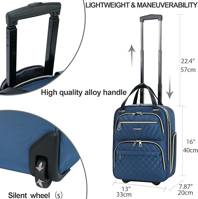 KROSER Carry On Underseat Multi-functional, 16-inch Underseater Lightweight Overnight Suitcase for Men Women, Haze Blue/Gold