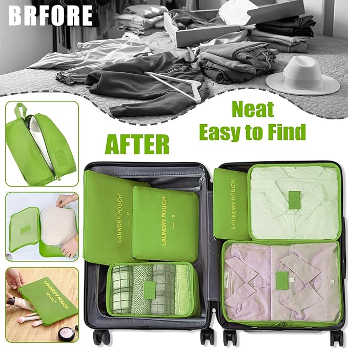 7 Set Packing Cubes for Travel Luggage Packing Bags Reusable Waterproof Suitcase Organizer Bags Set with Shoe Bag and Toiletry Bag (Green)