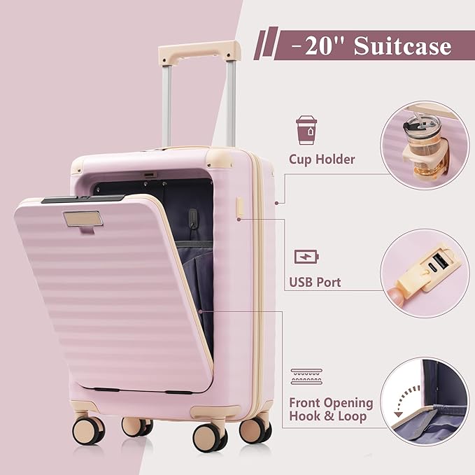 Merax Luggage Sets 3 Piece Front Opening, Hardside Lightweight Carry on Suitcase with Cup Holder USB Port,Durable Expandable Luggage with Bags Spinner Wheels and TSA Lock,Pink