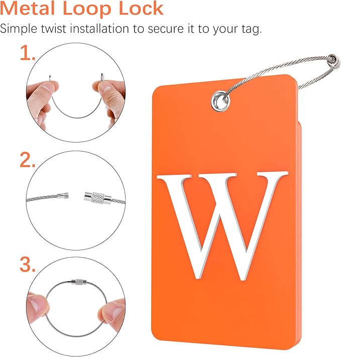Gostwo 2 Pack Luggage Tags for Suitcases, 26 Initial Letter Travel Luggage Baggage Identification Labels ID Tag Fully Bendable Tags with Stainless Steel Loop (Orange) (Letter W)