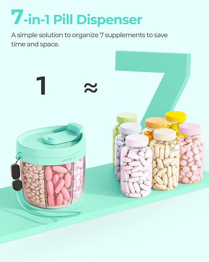 Cute Pill Dispenser with 7 Large Compartments, Portable Pill Bottle Organizer with Wide Opening for Easy Use, Anti-Mix Pill Organizer for Travel, BPA-Free Pill Container, Green
