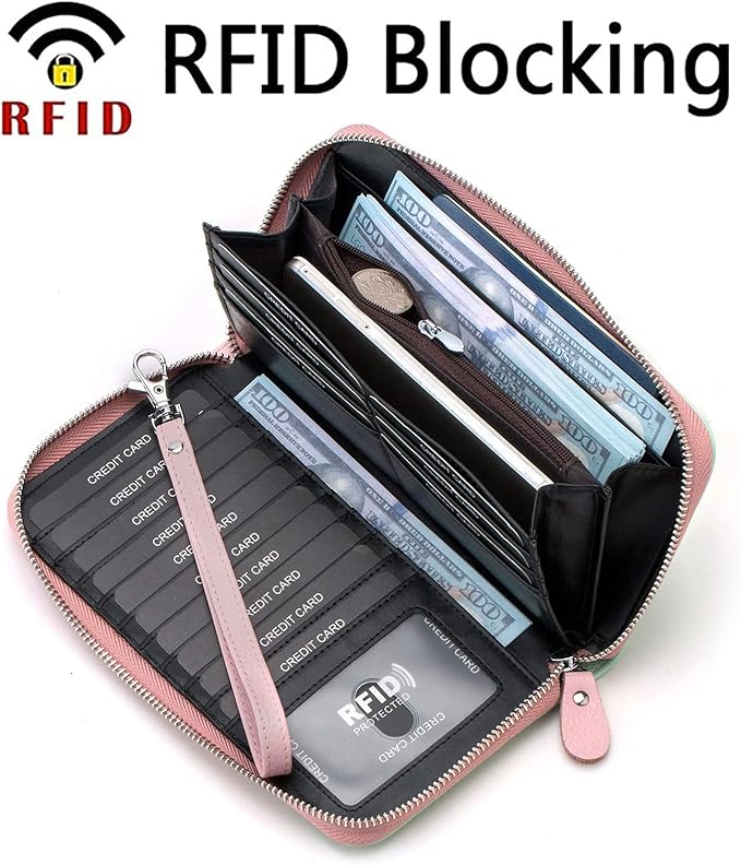 Moflycom Womens Wallet RFID Blocking Genuine Leather Multi Credit Card Large Capacity Zip Around Clutch Travel Purse Wristlet