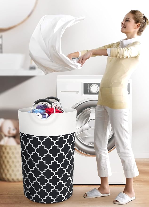Large Laundry Hampe Basket Washing Bin Clothes Bag Collapsible Tall with Handles Waterproof Travel Bathroom College Essentials Storage for College Dorm, Family (Black) 82L