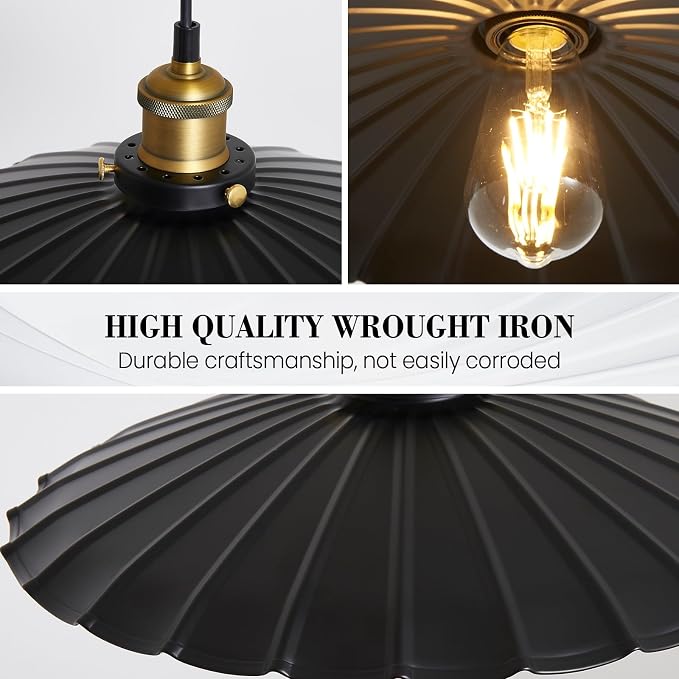 Vintage Scalloped Plug in Pendant Light, Black 13.8 Inch Farmhouse Hanging Lamp Plug in with On/Off Switch, Rustic Industrial Ceiling Light for Kitchen Island Dining Room Cafe