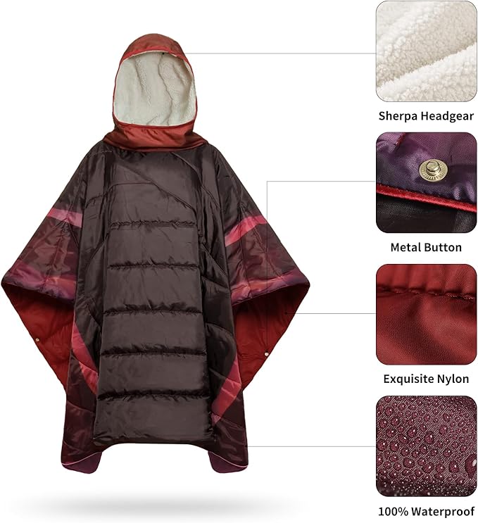 Camping Blanket, Poncho Wearable Hoodie Blankets Outdoor Waterproof Windproof Warm Durable & Portable for Stadium, Concerts, Car,Travel, Beach, Picnic, Grass,75 * 52 inch