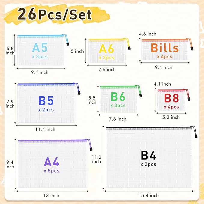 26pcs Mesh Zipper Pouch Bags, 8 Sizes Plastic Zippered Storage Bags for Organizing, Clear Pouches with Zipper, Waterproof Mesh Pouch for Office School Supplies, Home Organize, Travel Storage