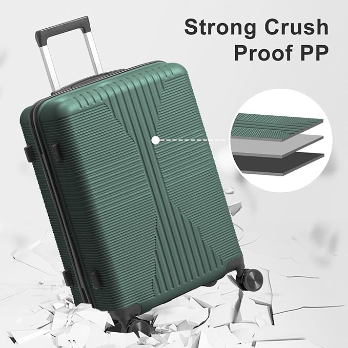 Karl home Luggage Sets 5 Piece, PP Hard Case Suitcase Set with Built-in Lock Spinner Wheels, Lightweight Durable Carry on Luggage for Business Travel - Dark Green (12/16/20/24/28")