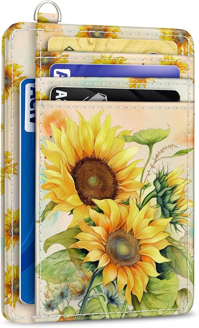 Yonlevres Credit Card Holder Slim Wallet, Sunflower RFID Wallet Women Front Pocket Small Card Holder, Travel Cute Funny Thin Card Case ID Window PU Leather RFID Blocking Card Organizer Gifts Girls