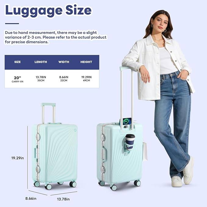 20 Inch Carry On Luggage, Zipperless Luggage with Spinner Wheels, Airline Approved Suitcase with Cup Holder, TSA Lock and USB Charger for Travel, Mint Green