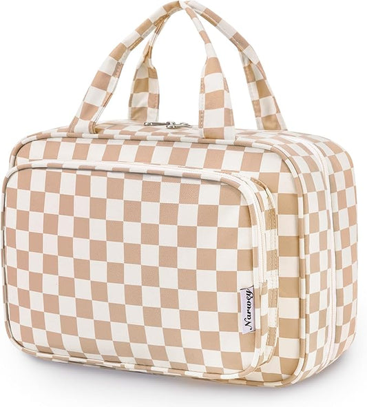 Narwey Travel Toiletry Bag for Women Large Hanging Makeup Bag Organizer Toiletries Bag for Full Size Essentials Accessories Cosmetics (Light Checkerboard (Large))
