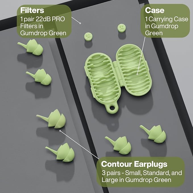 EARPEACE Everyday Noise Control & Noise Reduction Ear Plugs - High-Fidelity Earplugs, Comfortable & Reusable Earplugs for Travel, Sleep, Work, Snoring Blocking, Includes Carrying Case - Gumdrop Green