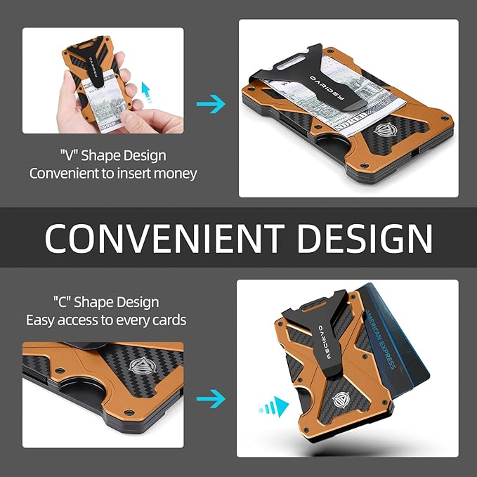 Minimalist Wallet for Men- Slim Aluminum Metal Money Clip Wallet with Clear ID Card Holder, Carbon Fiber Wallet, RFID Blocking,Holds up 15 Cards with Cash Clip,Ultra-Thin Tactical Wallet- Orange