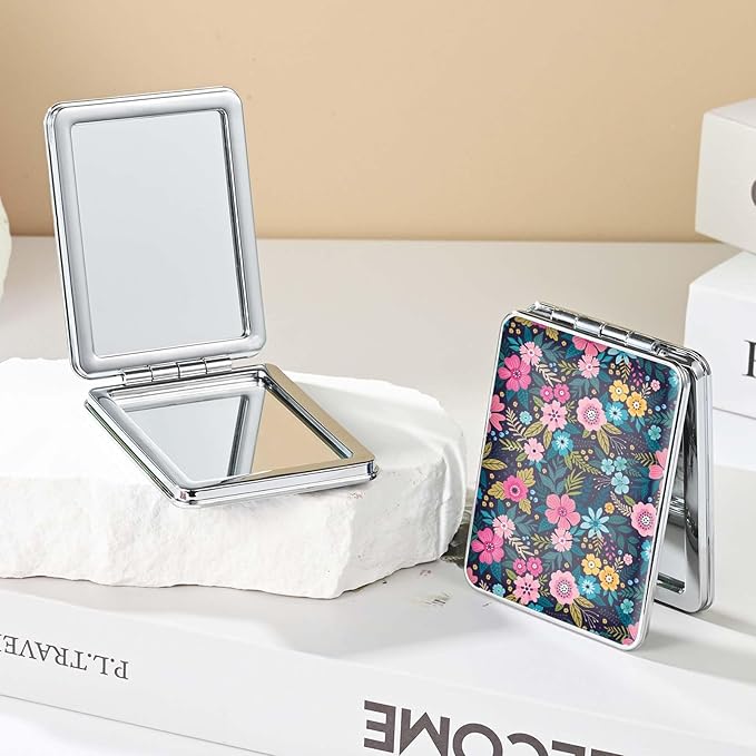 Pocket Mirror, Small Travel Mirror with Magnification, Portable Double-Sided Magnifying Cosmetic Mirror for Daily (Flower)
