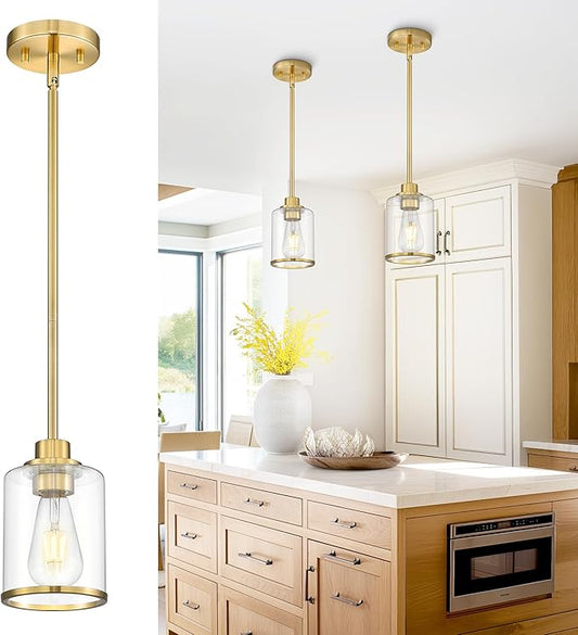 Beionxii BrushedGold Pendant Lights Kitchen Island,Kitchen Pendant Lighting | 1-Pack Gold Pendant Light Over Island, Hanging Lights with Clear Glass for Sink, Dining Room, Entryway, BX-PL02BG-CG
