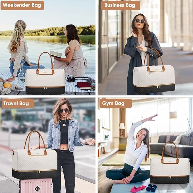 Travel Weekender Duffle Bags for Women - Duffel Bag with Shoe Compartment Carry On Overnight Bag with Toiletry Bag with Wet Pocket for Gym Hospital Bags for Labor and Delivery Black White Brown