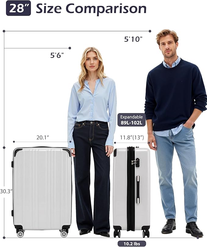 Coolife Luggage, Suitcase with Durable and Lightweight, Large Checked Luggage with PC+ABS Hardshell Expandable, Dual Spinner Wheels, TSA Lock, and YKK Zipper (white grid new, L(28in))