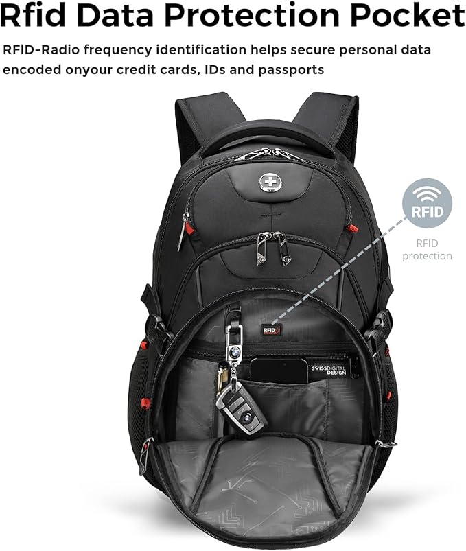 Swissdigital Design Laptop Backpack with USB Charging Port, Travel Backpack Fits 15.6 inches Computer, 31L College School Backpack for Men, Black | SD803-01