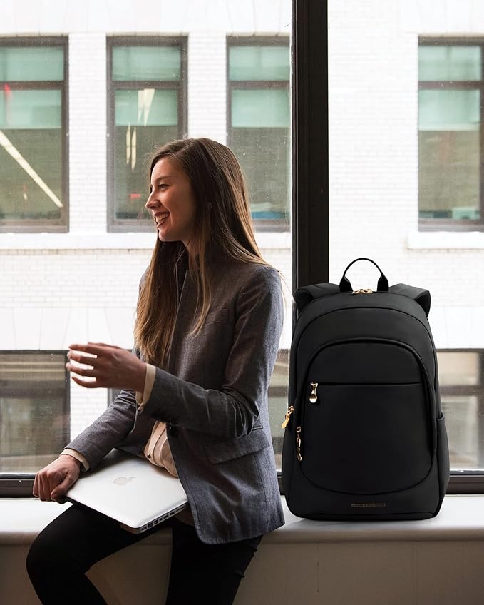 LIGHT FLIGHT Travel Backpack for Women, 15.6 Inch Laptop Backpack with USB Charging Hole, Water Resistant College Bookbag, Large Capacity Black Computer Backpacks for Work, Beige+Black