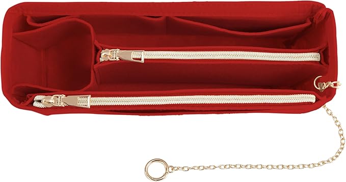 Purse Organizer Insert, Handbag Organizer with Zipper, Tote Shaper with Cup Holder & Keychain, Compatible with LV, Neverfull, MK, COACH, Longchamp, Kate Spade – Red-Sl. Med