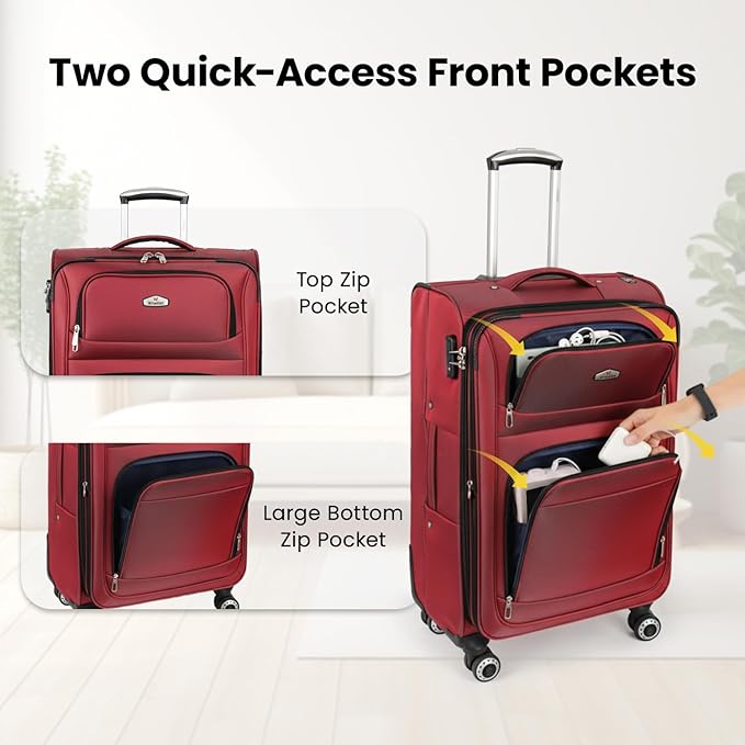 Softside Luggage Sets 2 Piece,Expandable 15% Lightweight Durable Suitcase Sets Double Spinner Wheels w/Combination LOCK （Red,20in/26in）