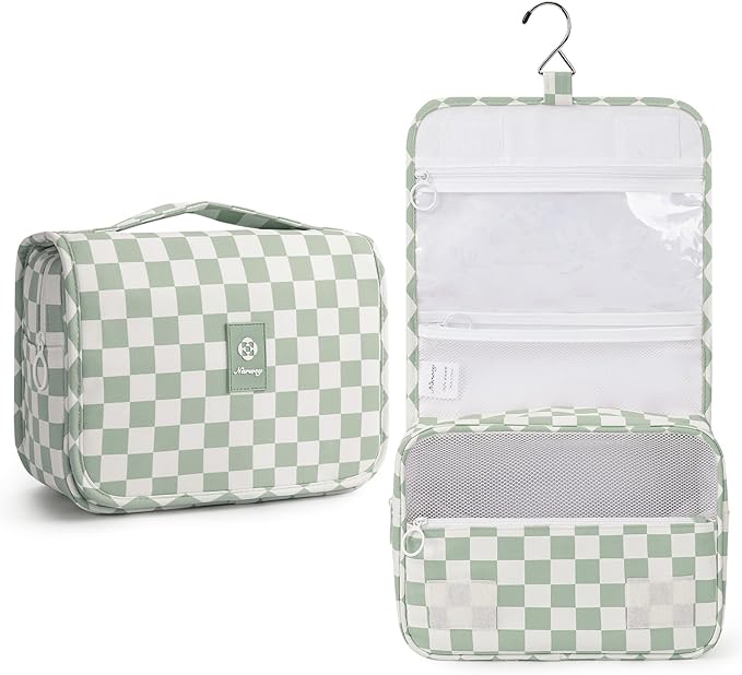 Narwey Small Hanging Travel Toiletry Bag for Traveling Women, Checkered Travel Bag for Toiletries, Makeup Bag Organizer Make Up Cosmetic Bags (Mint Green Checkerboard)