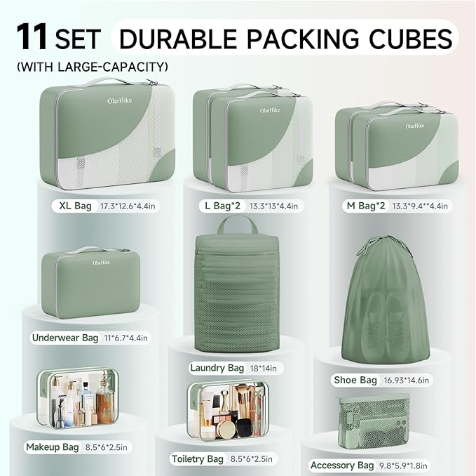11 Set Packing Cubes for Travel, Gifts for Women Mom Kids, TSA Approved Bags for Makeup, Cosmetic, Toiletry, Suitcase Organizers for Checked Luggage,Cruise Essentials,Airplane Accessories,Matcha Green