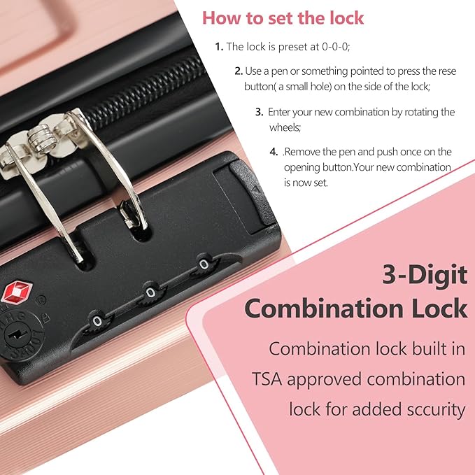 28 Inch Checked-Large Luggage, Lightweight ABS Hard Shell Suitcase with Spinner Wheels, Expandable Travel Luggage with Combination Lock & Side Hooks for Men Women (Rose Pink, 20)