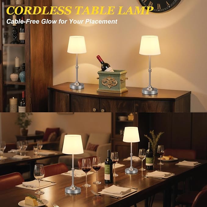 Kakanuo Rechargeable Cordless Table Lamp Silver - 1 Pack 4000mAh Battery Operated Lamp, 3000K Warm Light, Touch Control Stepless Dimming, for Bedside, Dining Table, Home Decor