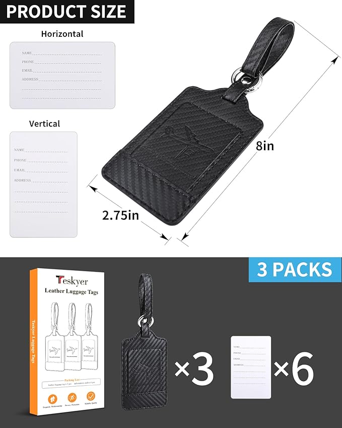 3 Pack Luggage Tags - Quick Install, Privacy Protection, Airplane Travel Essentials for Suitcases, Durable Leather - Carbon Fiber Black